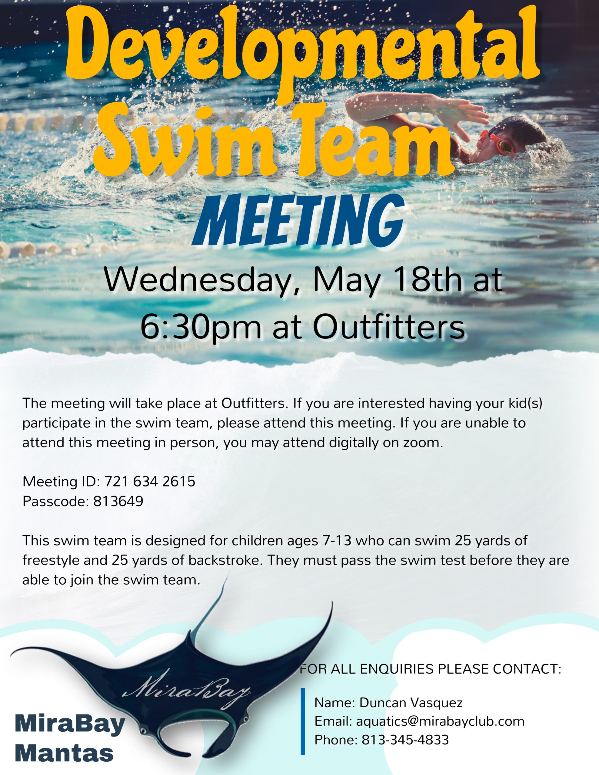 Kids Developmental Swim Team Meeting Mirabay Living